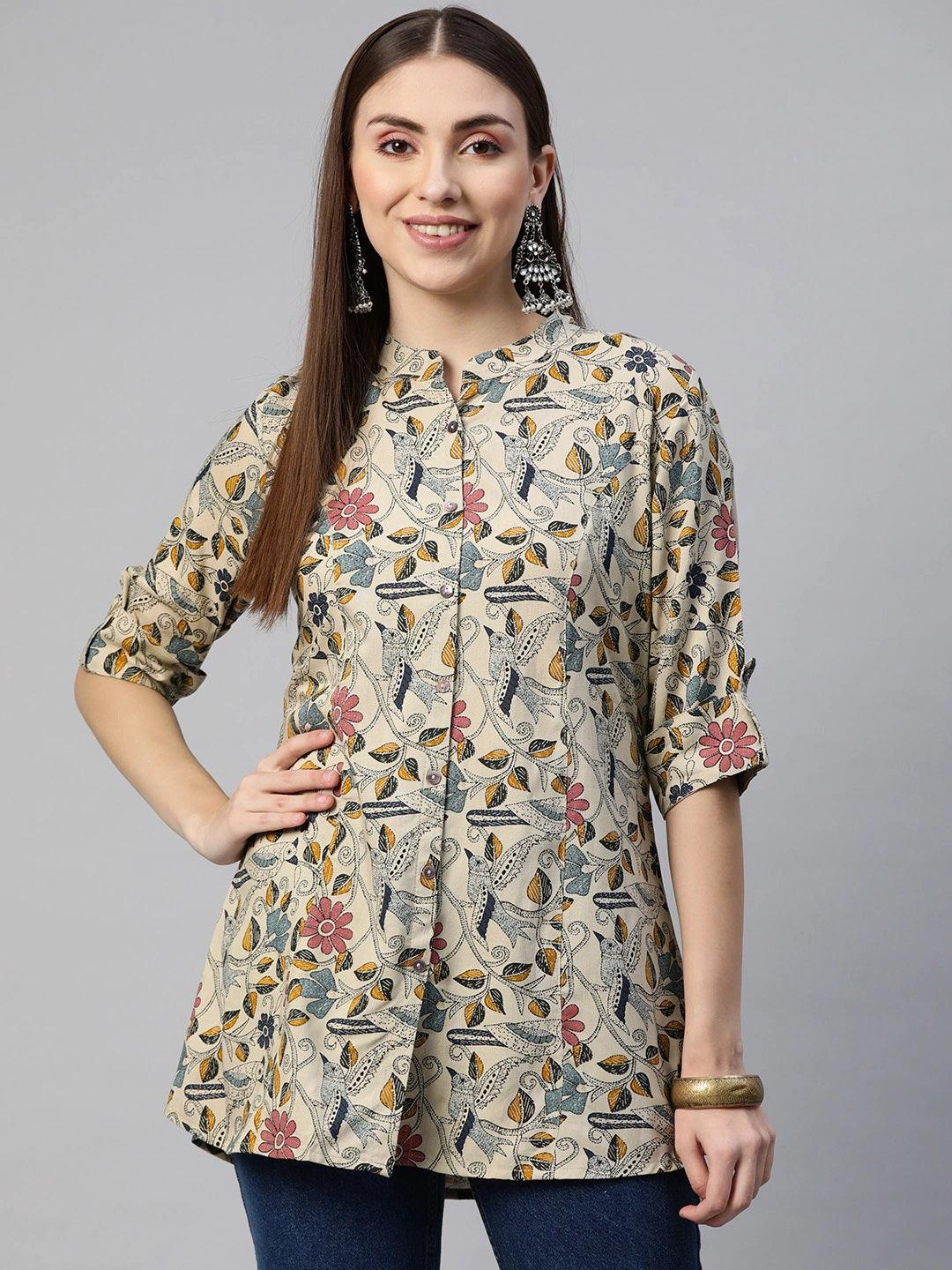Divena Beige Multi Floral Rayon A-line Shirts Style Top - divena world