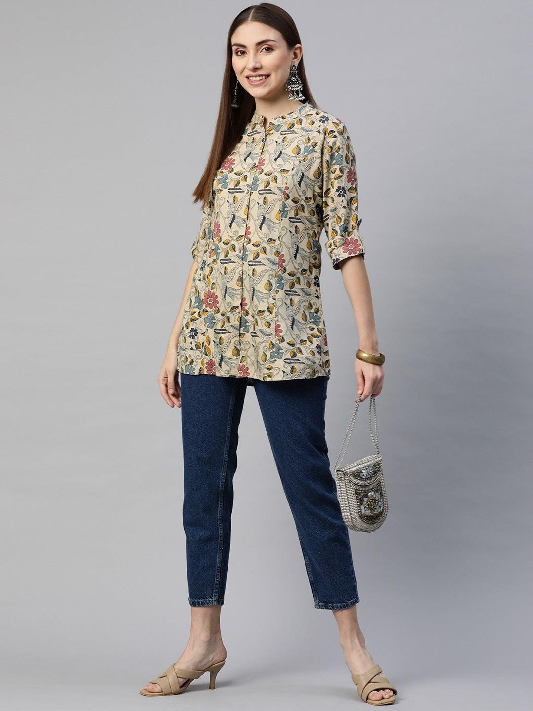 Divena Beige Multi Floral Rayon A-line Shirts Style Top - divena world