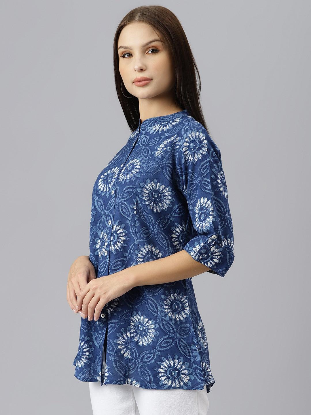 Divena Blue Floral Rayon A-line Shirts Style Top - divenaworld.com