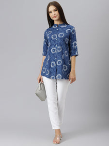 Divena Blue Floral Rayon A-line Shirts Style Top - divenaworld.com