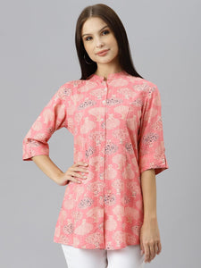 Divena Peach Floral Rayon A-line Shirts Style Top - divenaworld.com