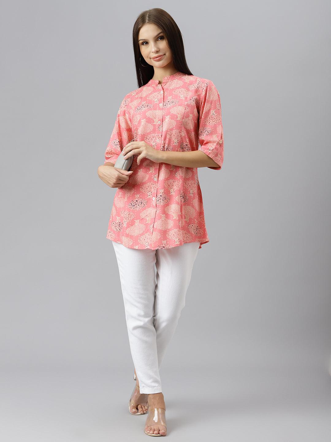 Divena Peach Floral Rayon A-line Shirts Style Top - divenaworld.com