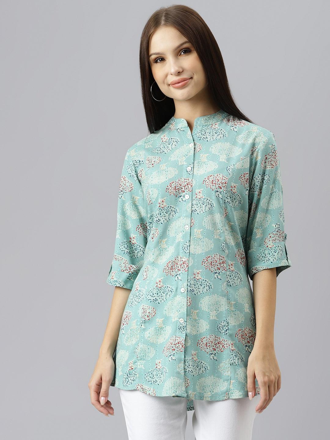 Divena Sea Green Floral Rayon A-line Shirts Style Top - divenaworld.com