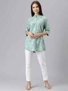 Divena Sea Green Floral Rayon A-line Shirts Style Top - divenaworld.com