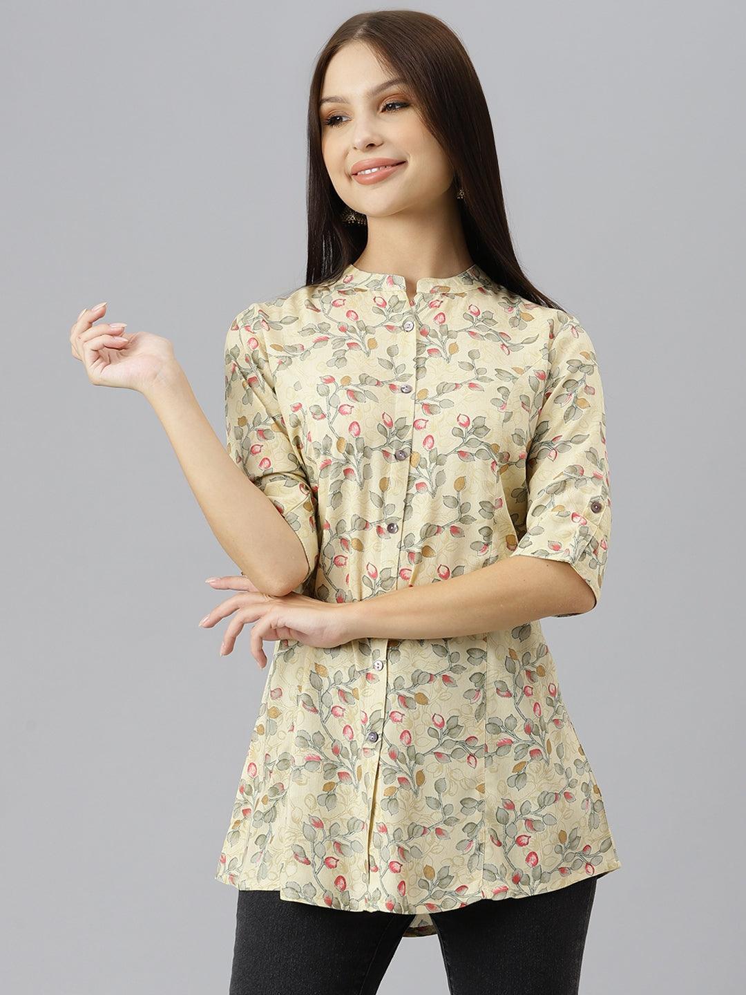 Divena Beige Floral Rayon A-line Shirts Style Top - divenaworld.com