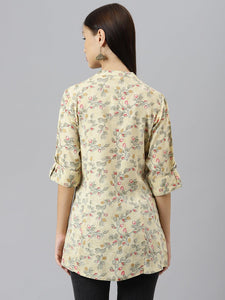 Divena Beige Floral Rayon A-line Shirts Style Top - divenaworld.com