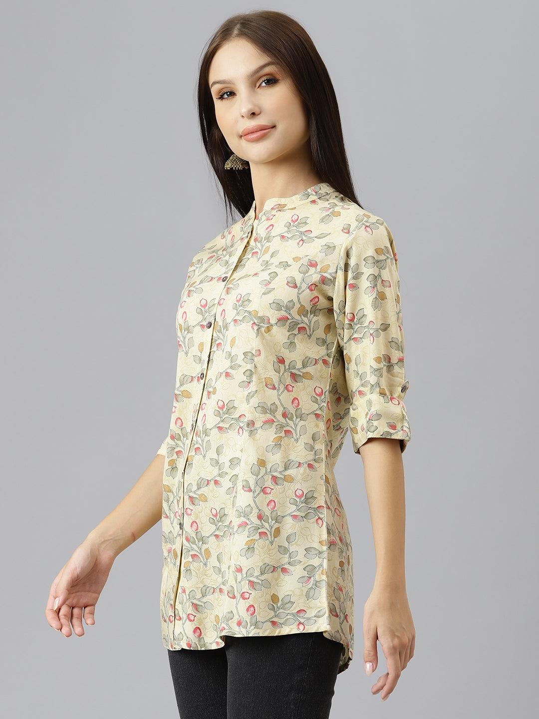 Divena Beige Floral Rayon A-line Shirts Style Top - divenaworld.com