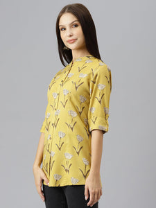 Divena Mustard Floral Rayon A-line Shirts Style Top - divenaworld.com