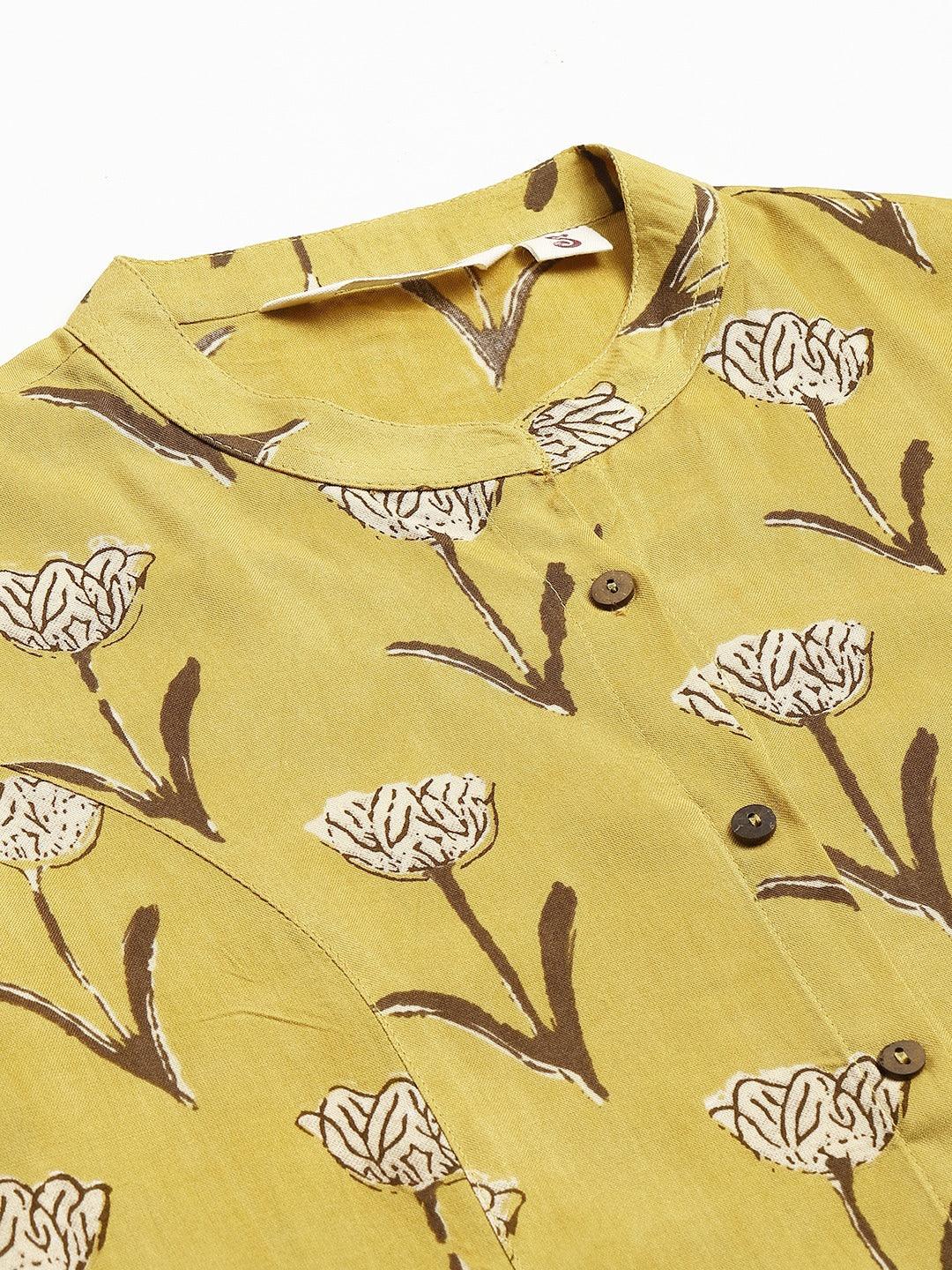 Divena Mustard Floral Rayon A-line Shirts Style Top - divenaworld.com