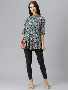 Divena Dark Green Floral Rayon A-line Shirts Style Top - divenaworld.com