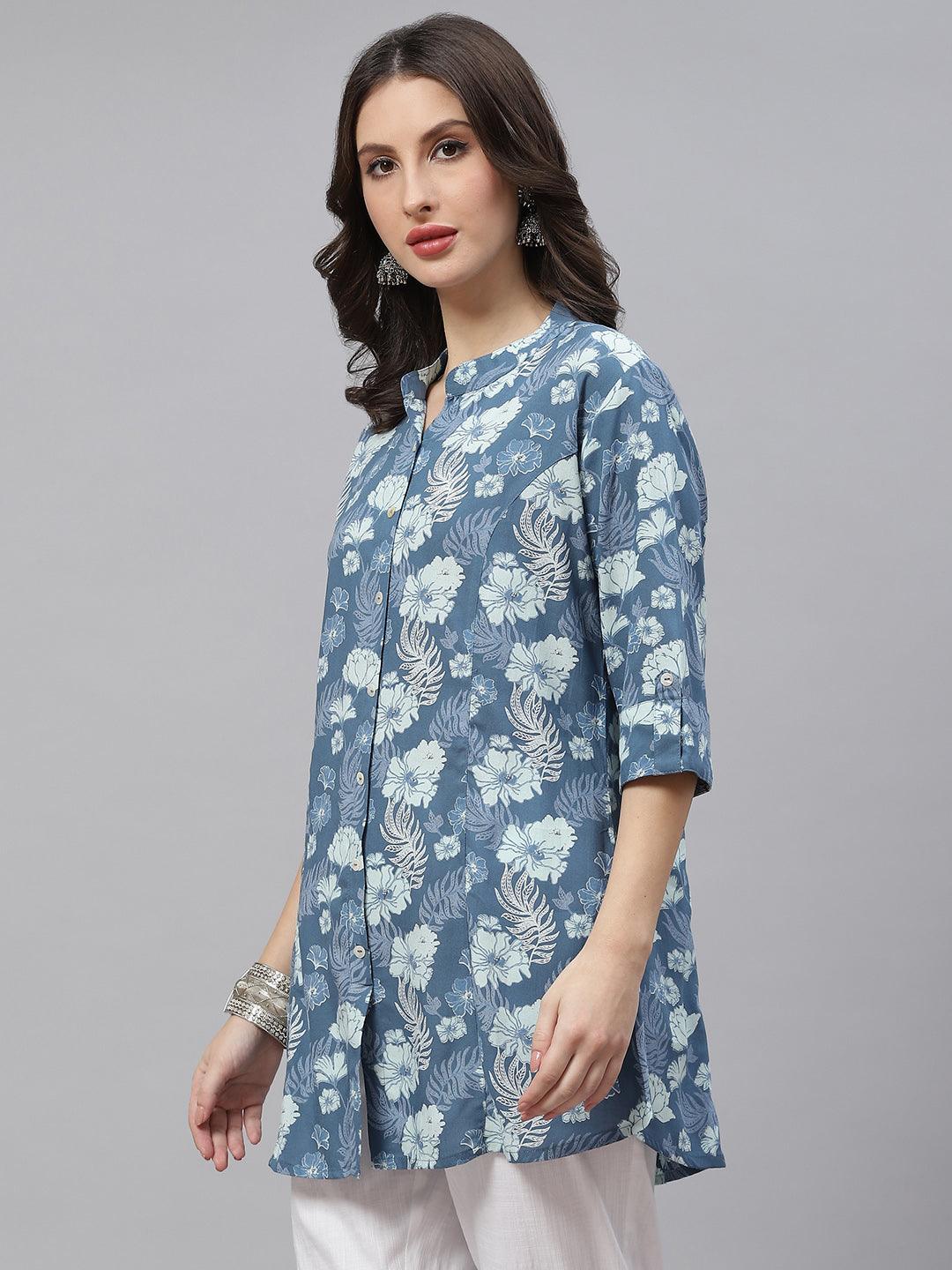 Divena Blue Floral Rayon A-lineTop - divena world