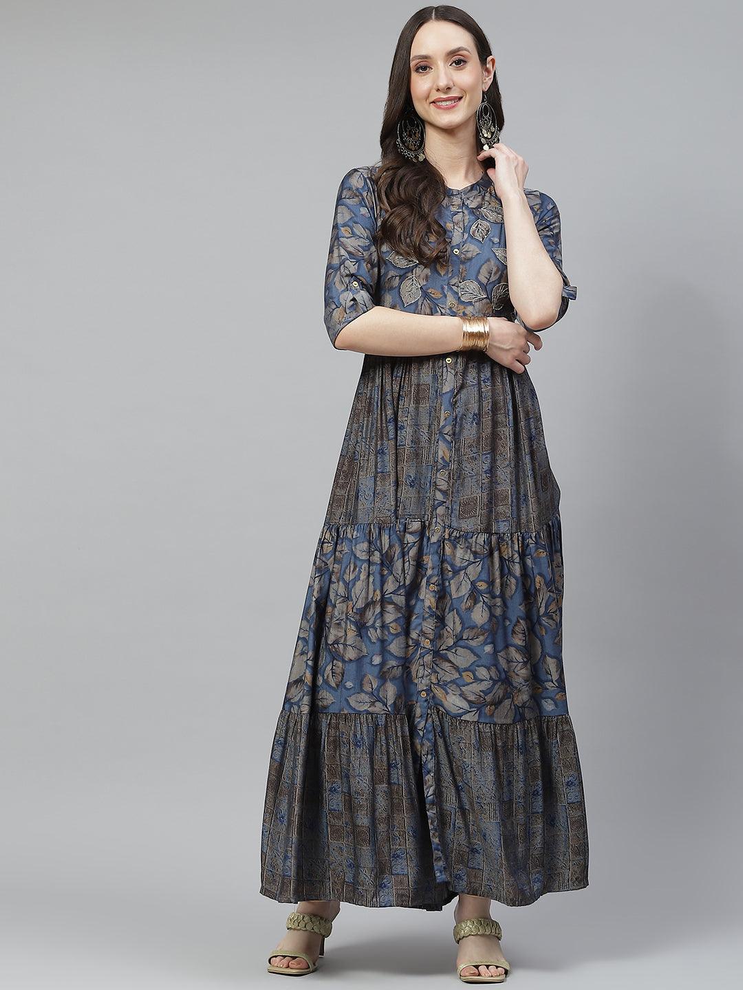 Divena Blue Muslin Tiered with Gathered Kurta with Front Slits - divena world
