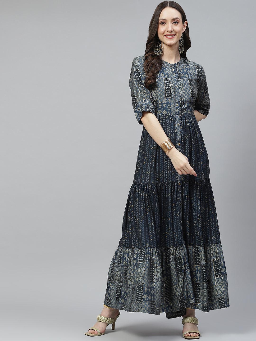 Divena Blue Muslin Tiered with Gathered Kurta - divena world