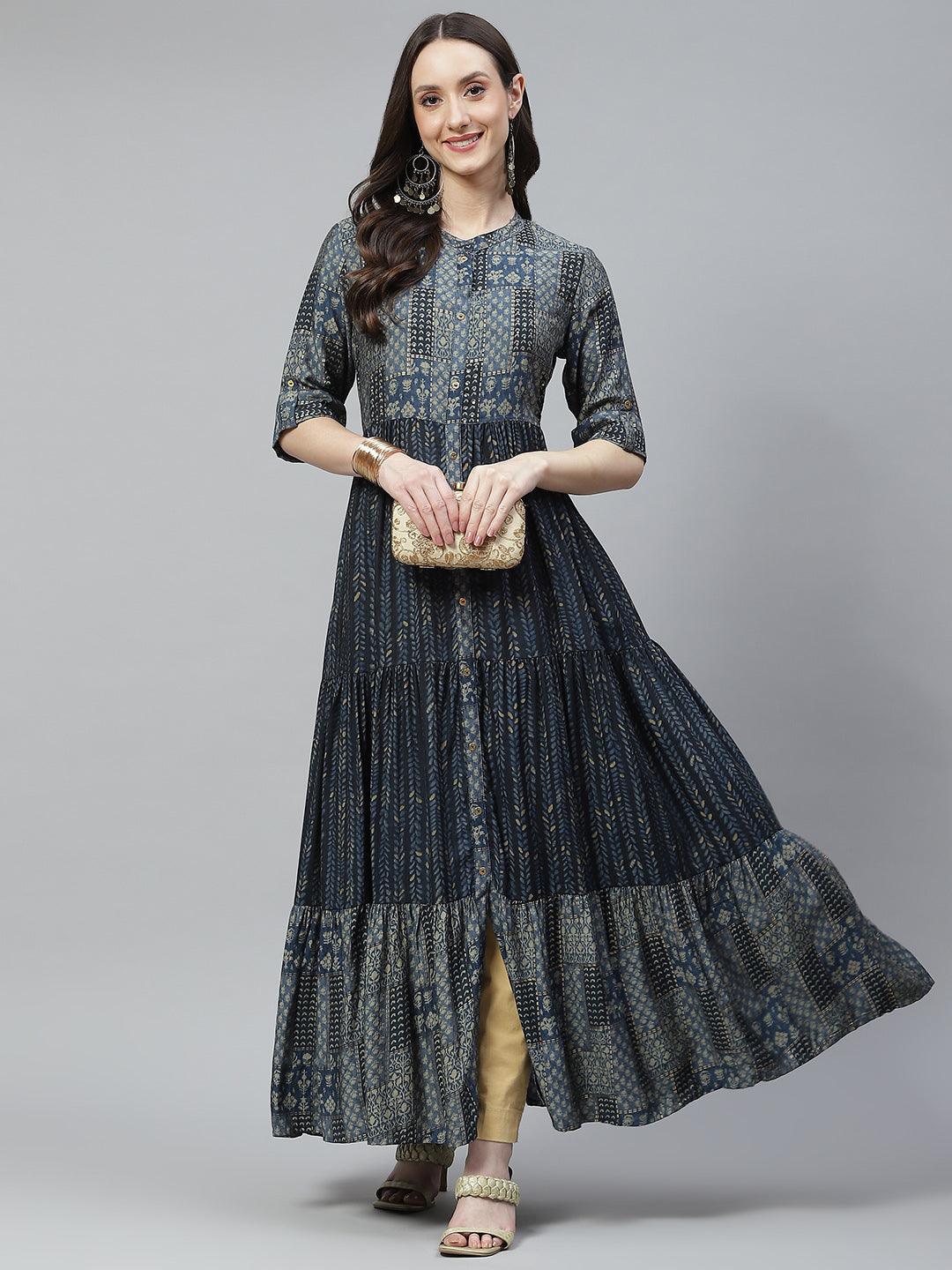 Divena Blue Muslin Tiered with Gathered Kurta - divena world