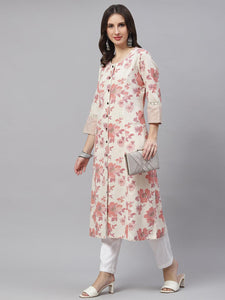 Divena Cream Floral cotton flex A-Line Kurta - divena world