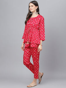 Divena Bandhani Megenta Muslin Three Piece Top Pant Set with Peplum Jecket - divena world