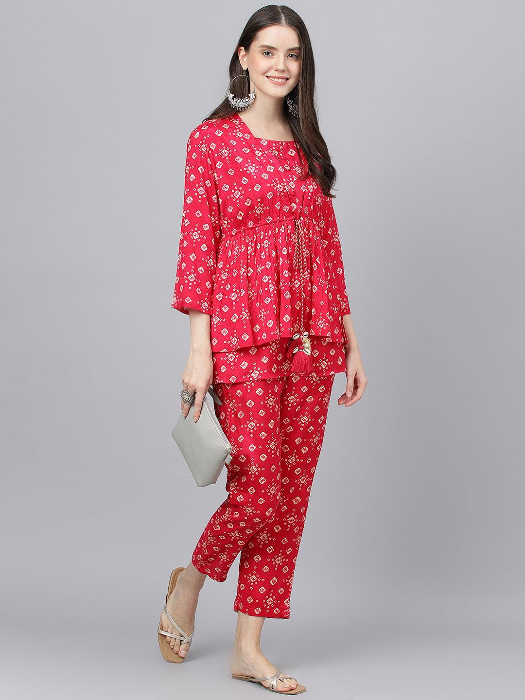 Divena Bandhani Megenta Muslin Three Piece Top Pant Set with Peplum Jecket - divena world