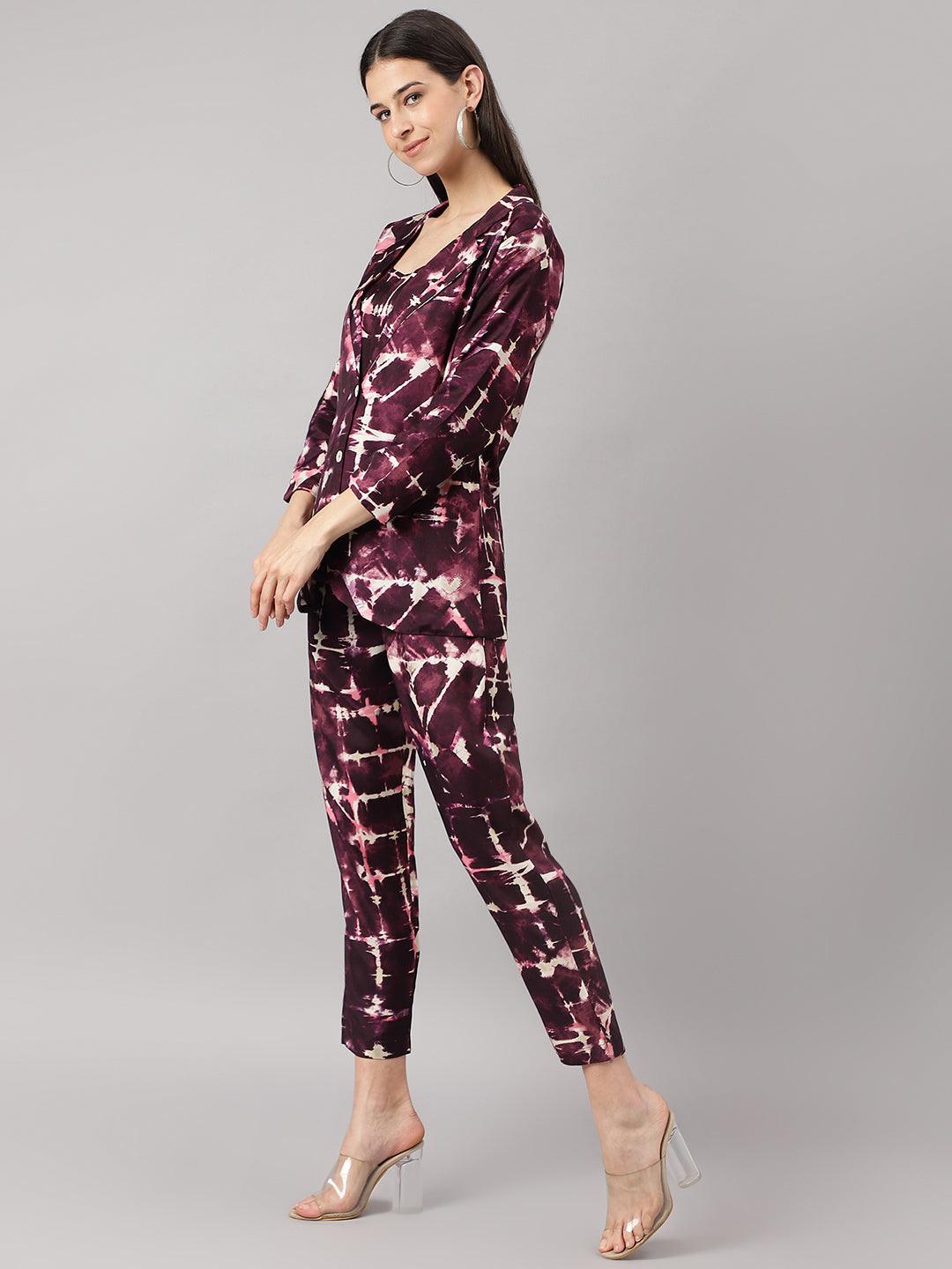 Divena Wine Muslin Three Piece Top Pant Set with Blazer Jecket - divena world