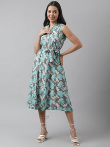 Divena Rayon Grey A-Line Floral Printed Midi Dress - divena world
