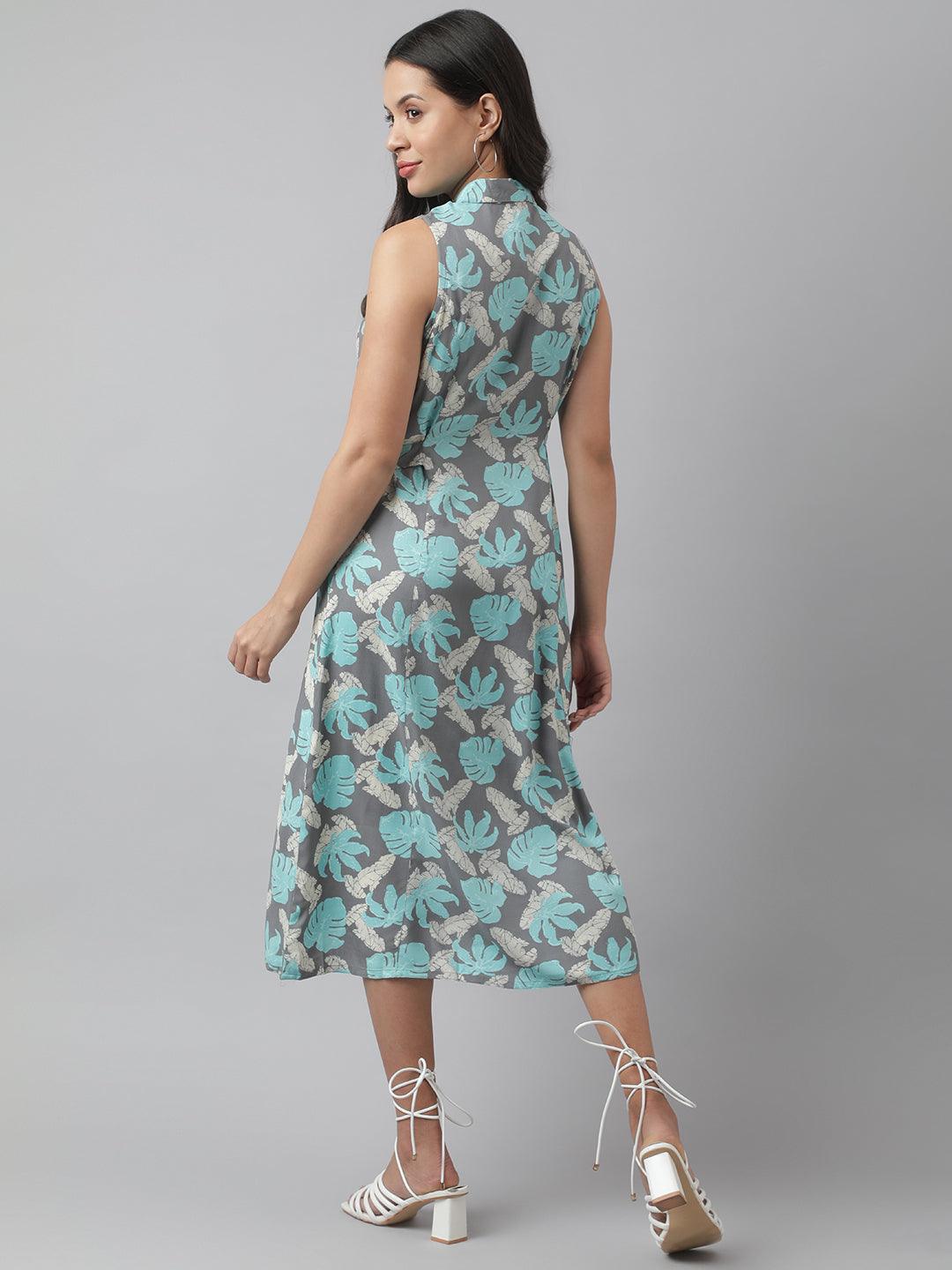 Divena Rayon Grey A-Line Floral Printed Midi Dress - divena world