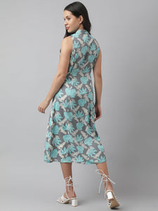 Divena Rayon Grey A-Line Floral Printed Midi Dress - divena world