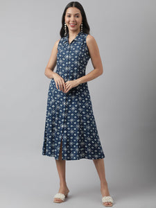 Divena Rayon Teal Blue A-Line Floral Printed Midi Dress - divena world