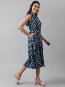 Divena Rayon Teal Blue A-Line Floral Printed Midi Dress - divena world