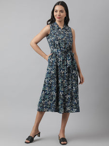 Divena Rayon Navy Blue A-Line Floral Printed Midi Dress - divena world