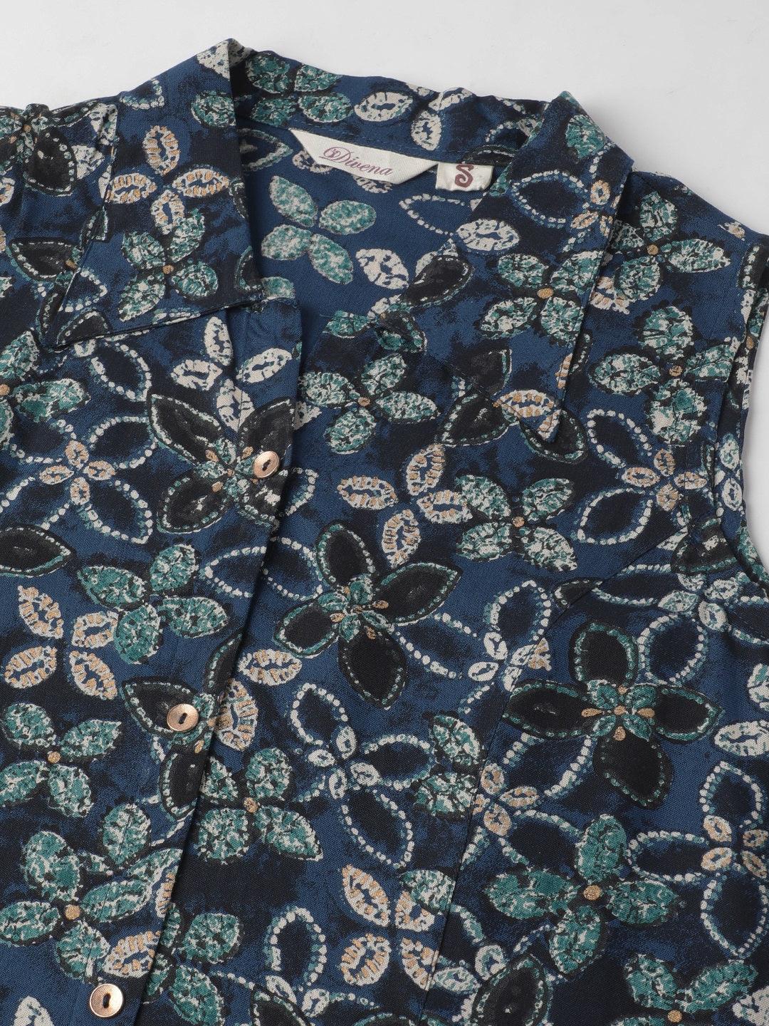 Divena Rayon Navy Blue A-Line Floral Printed Midi Dress - divena world
