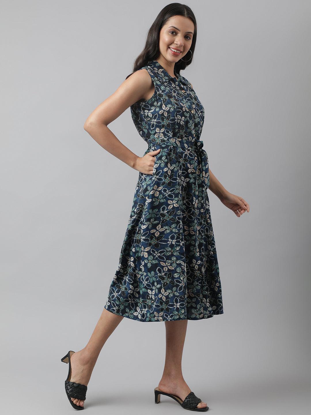 Divena Rayon Navy Blue A-Line Floral Printed Midi Dress - divena world