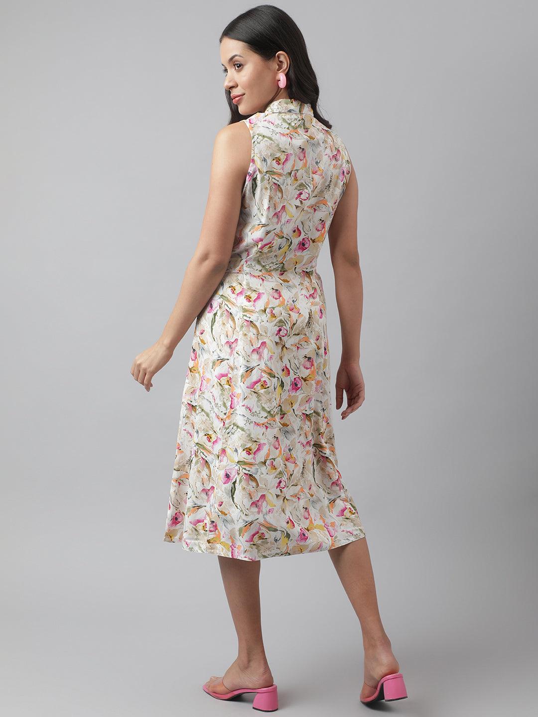 Divena Rayon Cream A-Line Floral Printed Midi Dress - divena world