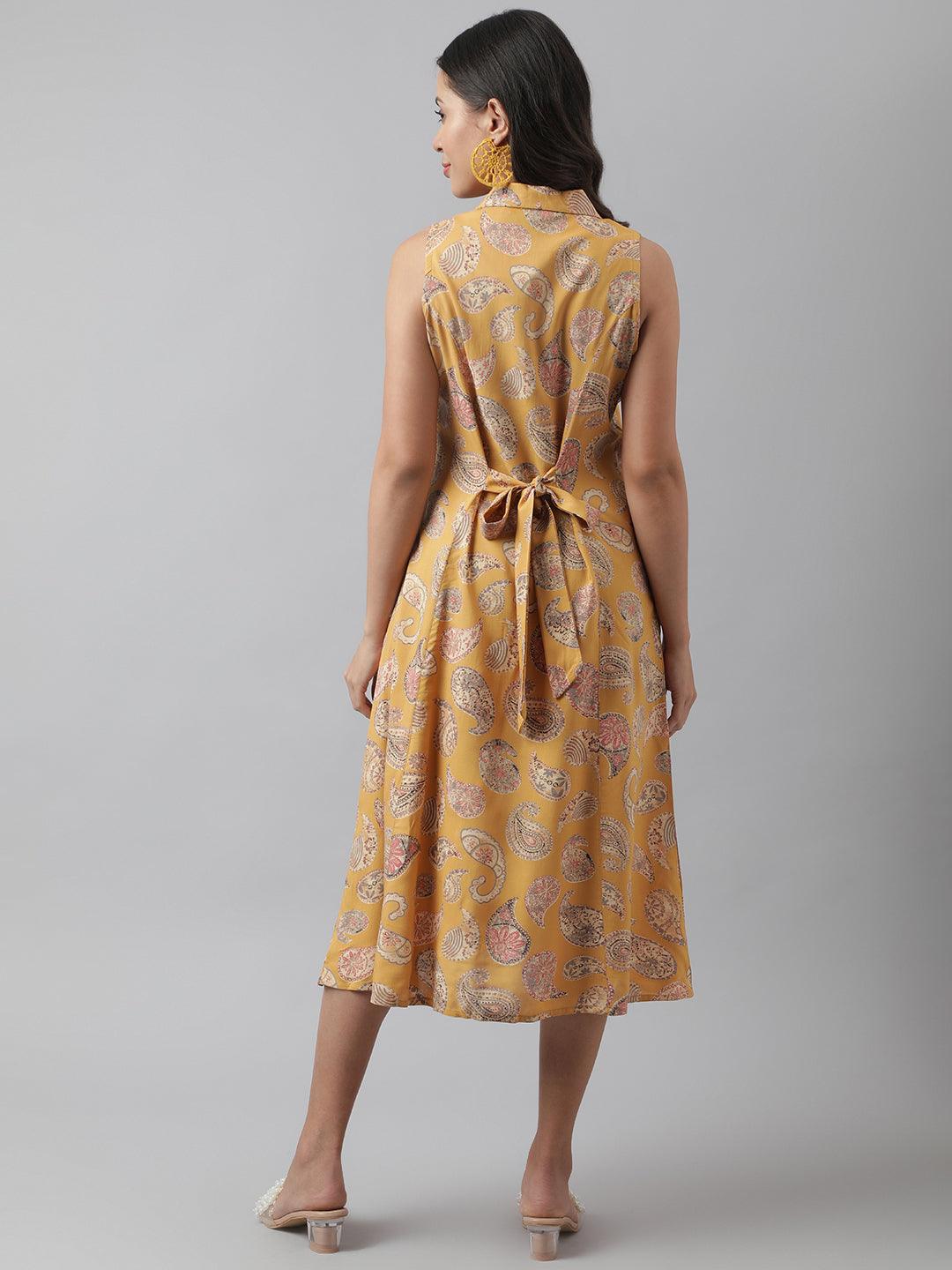 Divena Rayon Mustard A-Line Floral Printed Midi Dress - divena world