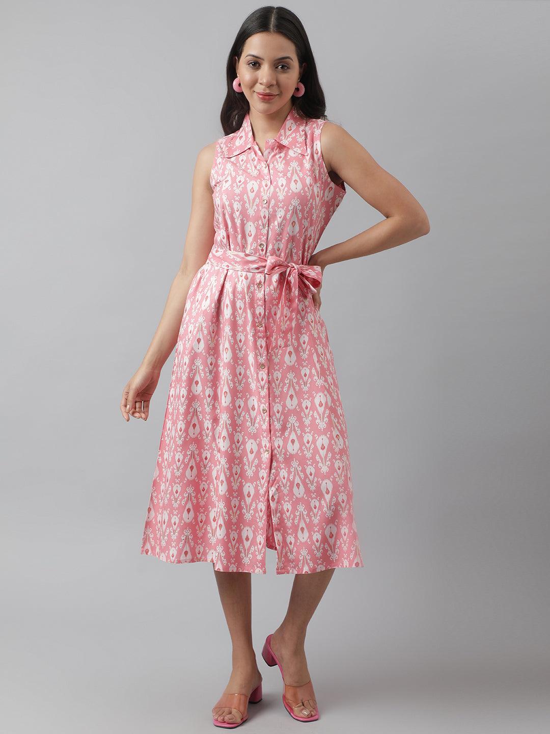 Divena Rayon Light Pink A-Line Floral Printed Midi Dress - divena world