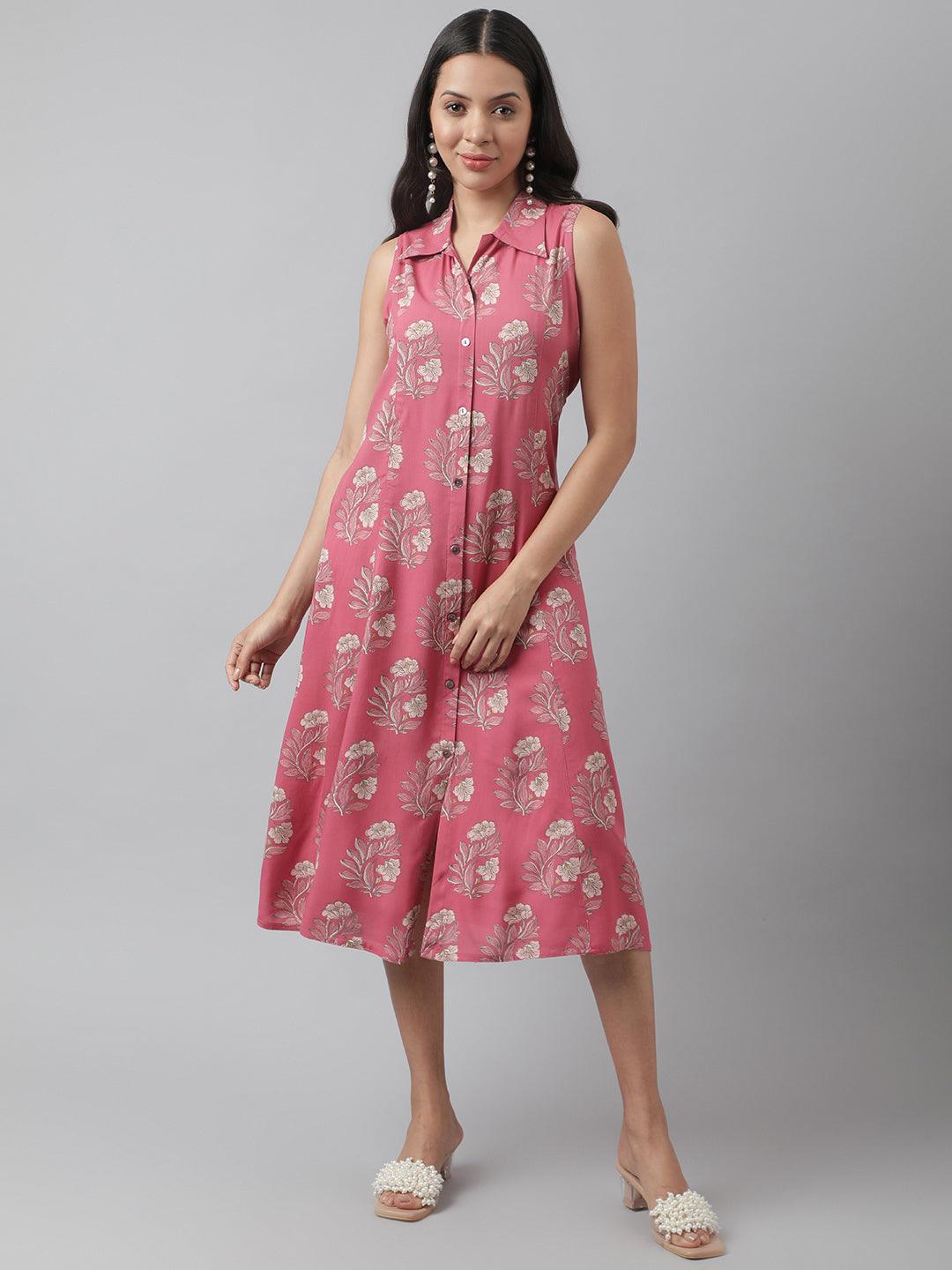 Divena Rayon Rose Pink A-Line Floral Printed Midi Dress - divena world