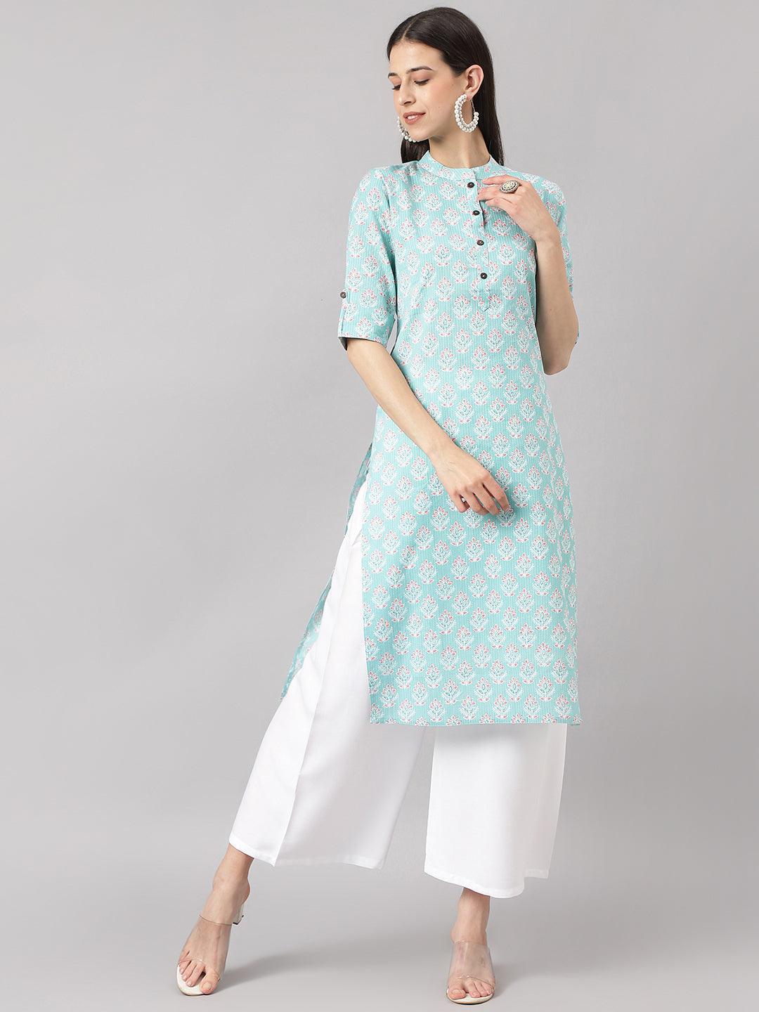 Divena Sea Green Cotton Katha work Straight Kurta - divena world