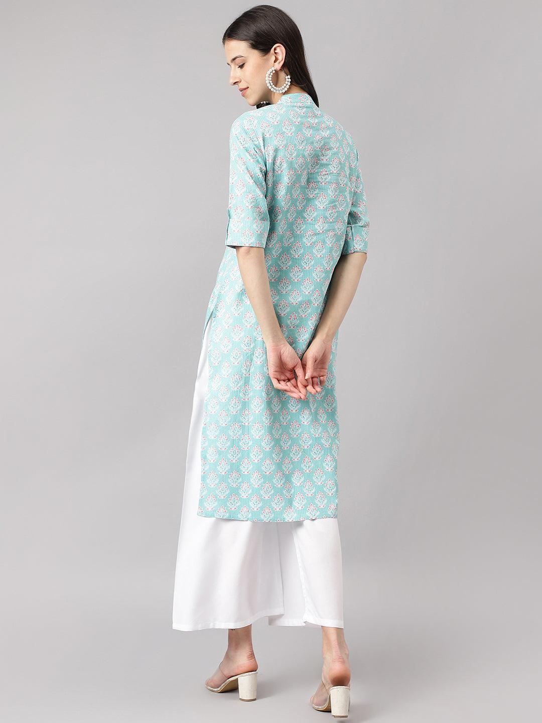 Divena Sea Green Cotton Katha work Straight Kurta - divena world