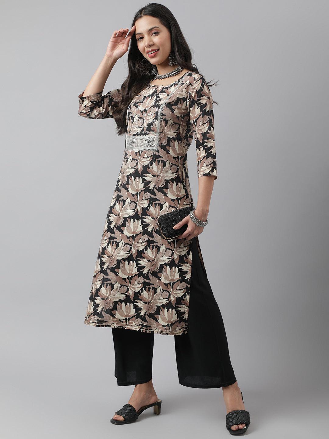 Divena Black Cotton Floral Straight Kurta - divena world