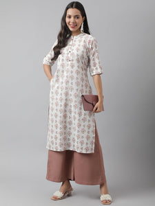 Divena White & Pink Floral Printed Straight Kurta - divena world