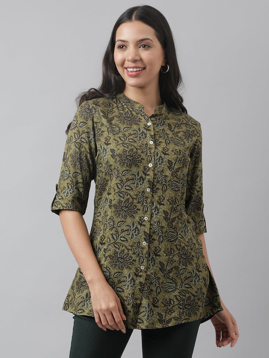 Divena Olive Green Floral Printed Rayon A-line Shirt Style Top - divena world