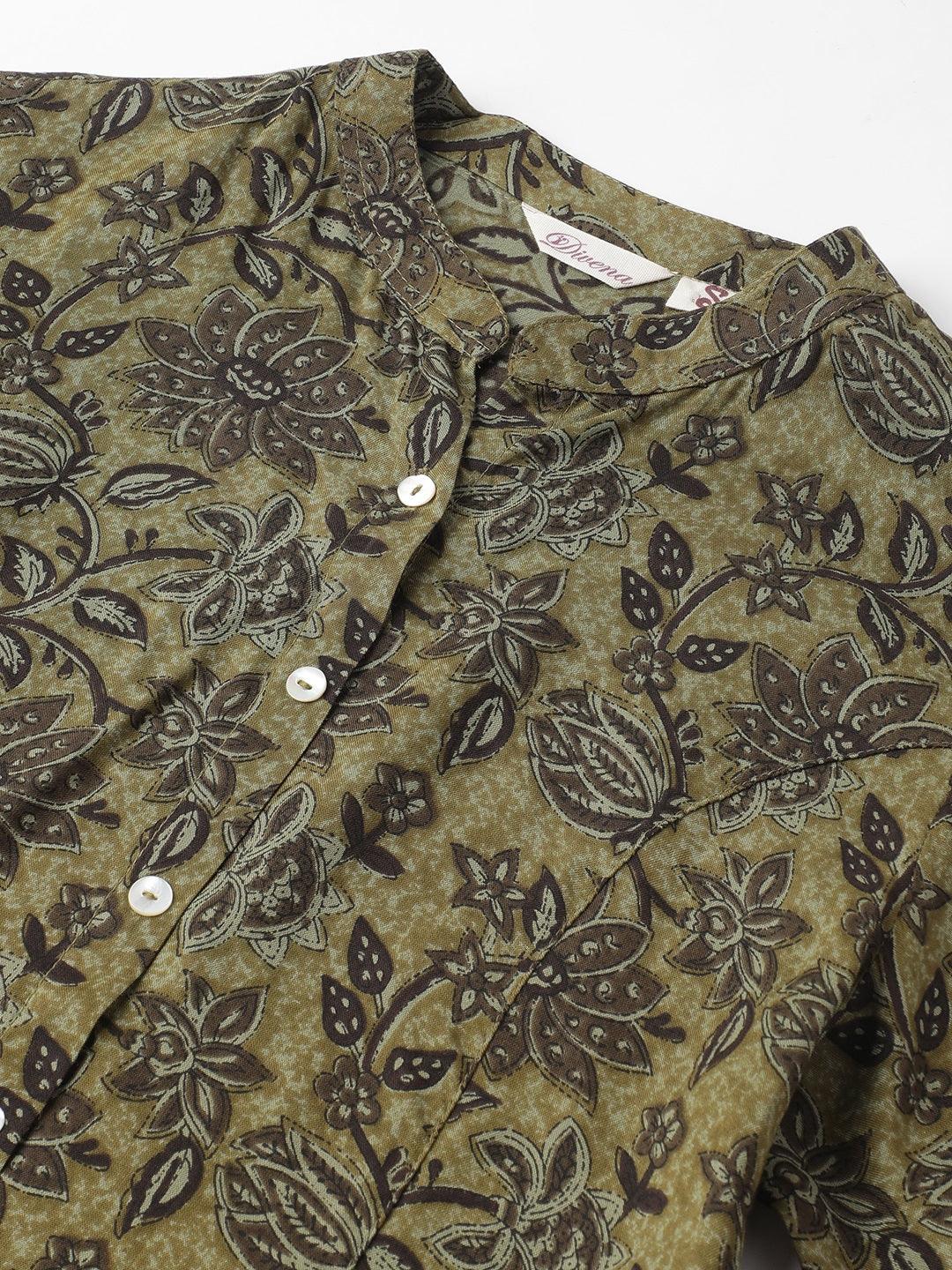 Divena Olive Green Floral Printed Rayon A-line Shirt Style Top - divena world