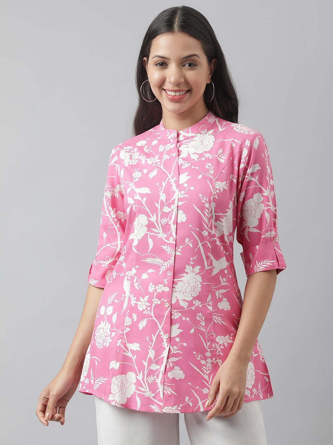 Light Pink Floral Printed Rayon A-line Shirt Style Top — view 1