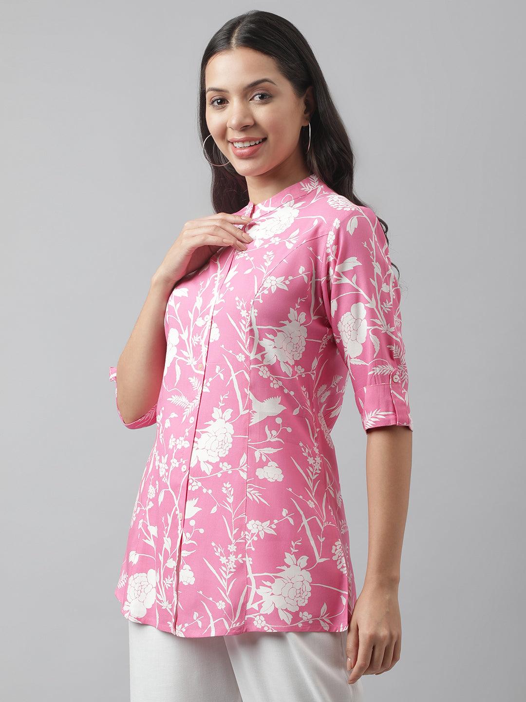 Divena Light Pink Floral Printed Rayon A-line Shirt Style Top - divena world