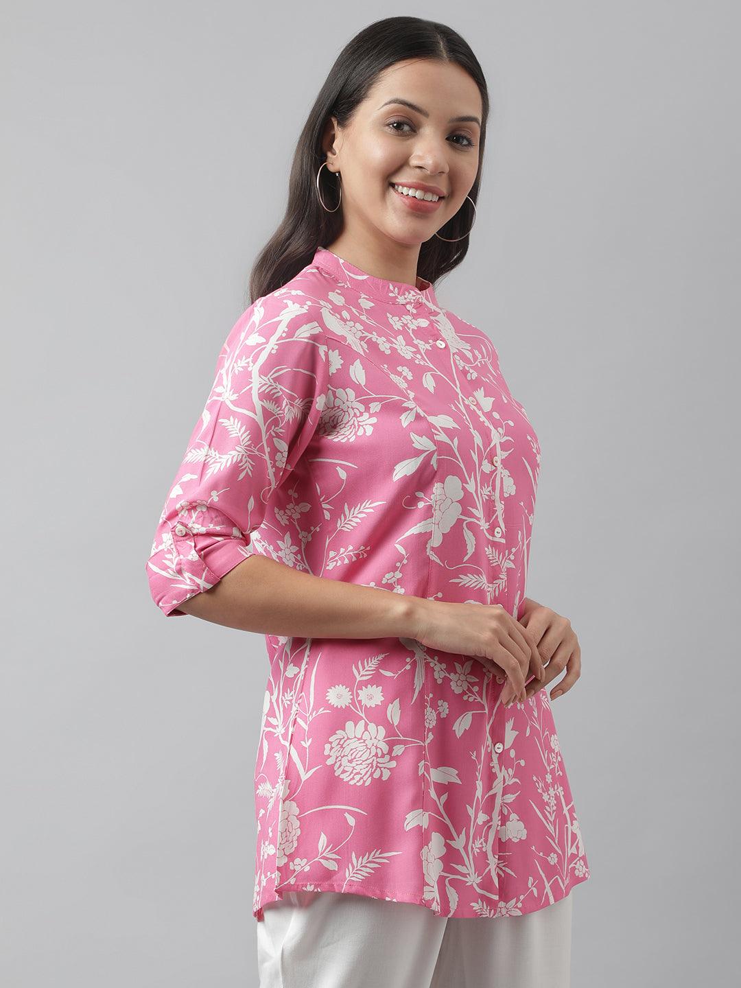 Divena Light Pink Floral Printed Rayon A-line Shirt Style Top - divena world