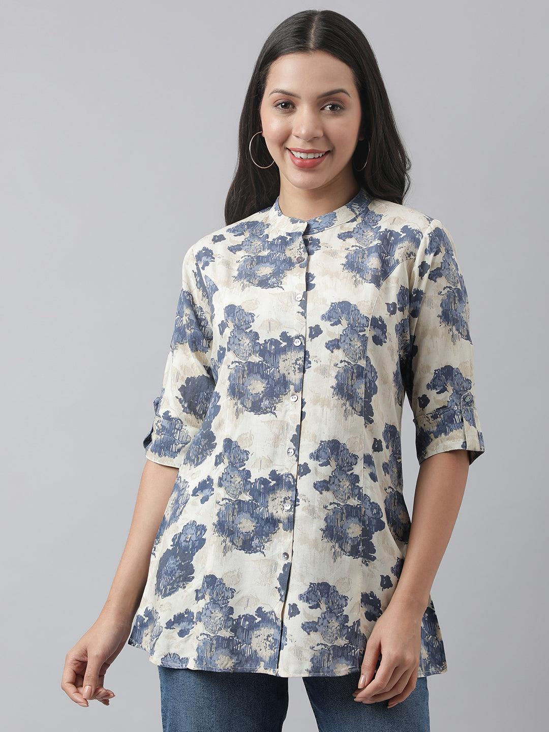 Cream Floral Printed Rayon A-line Shirt Style Top — view 1