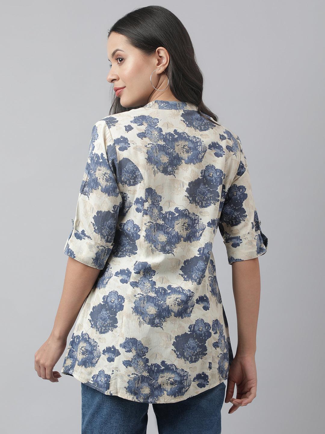 Divena Cream Floral Printed Rayon A-line Shirt Style Top - divena world