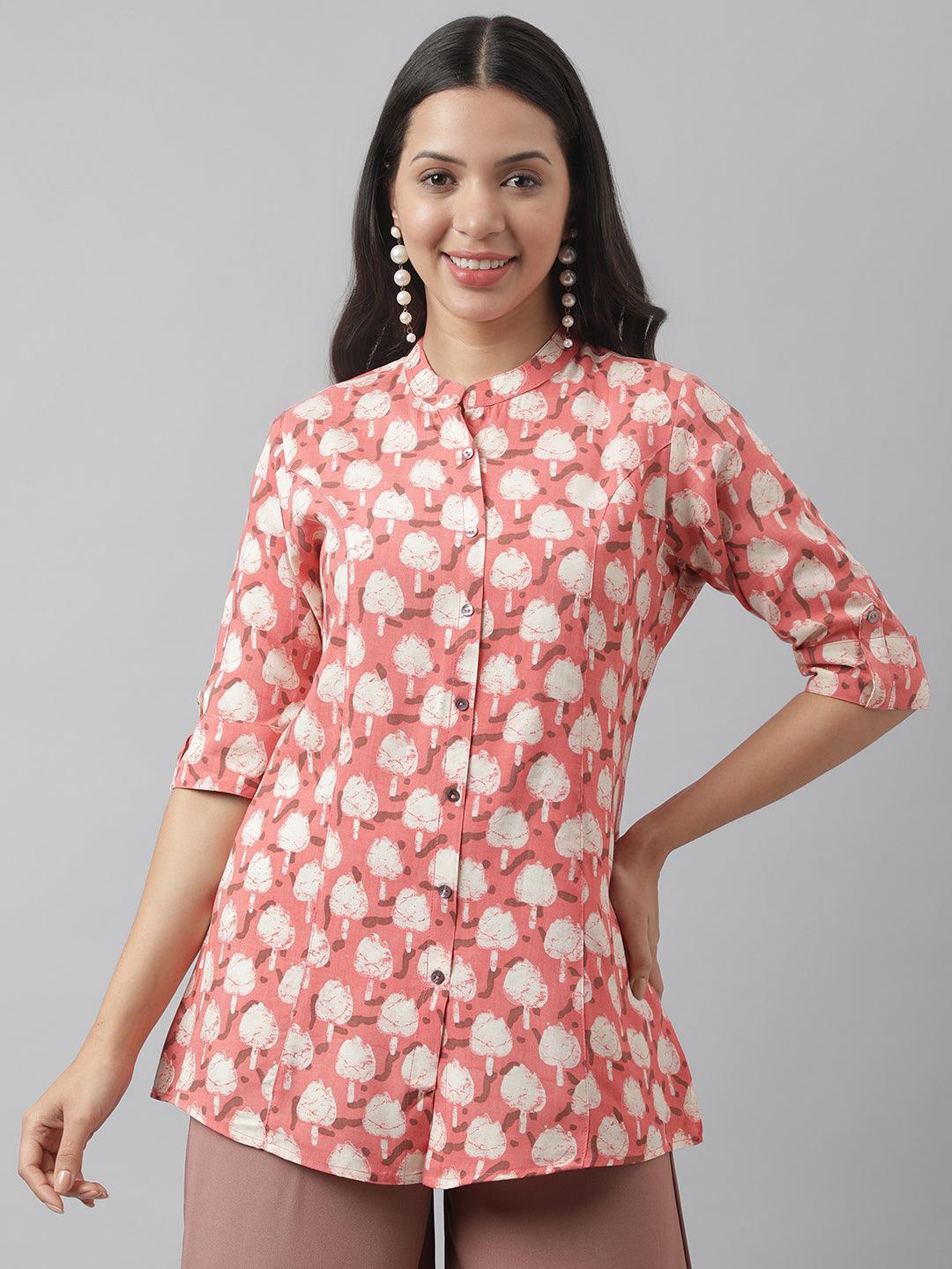 Peach Floral Printed Rayon A-line Shirt Style Top — view 1