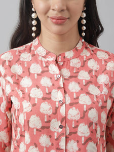 Divena Peach Floral Printed Rayon A-line Shirt Style Top - divena world
