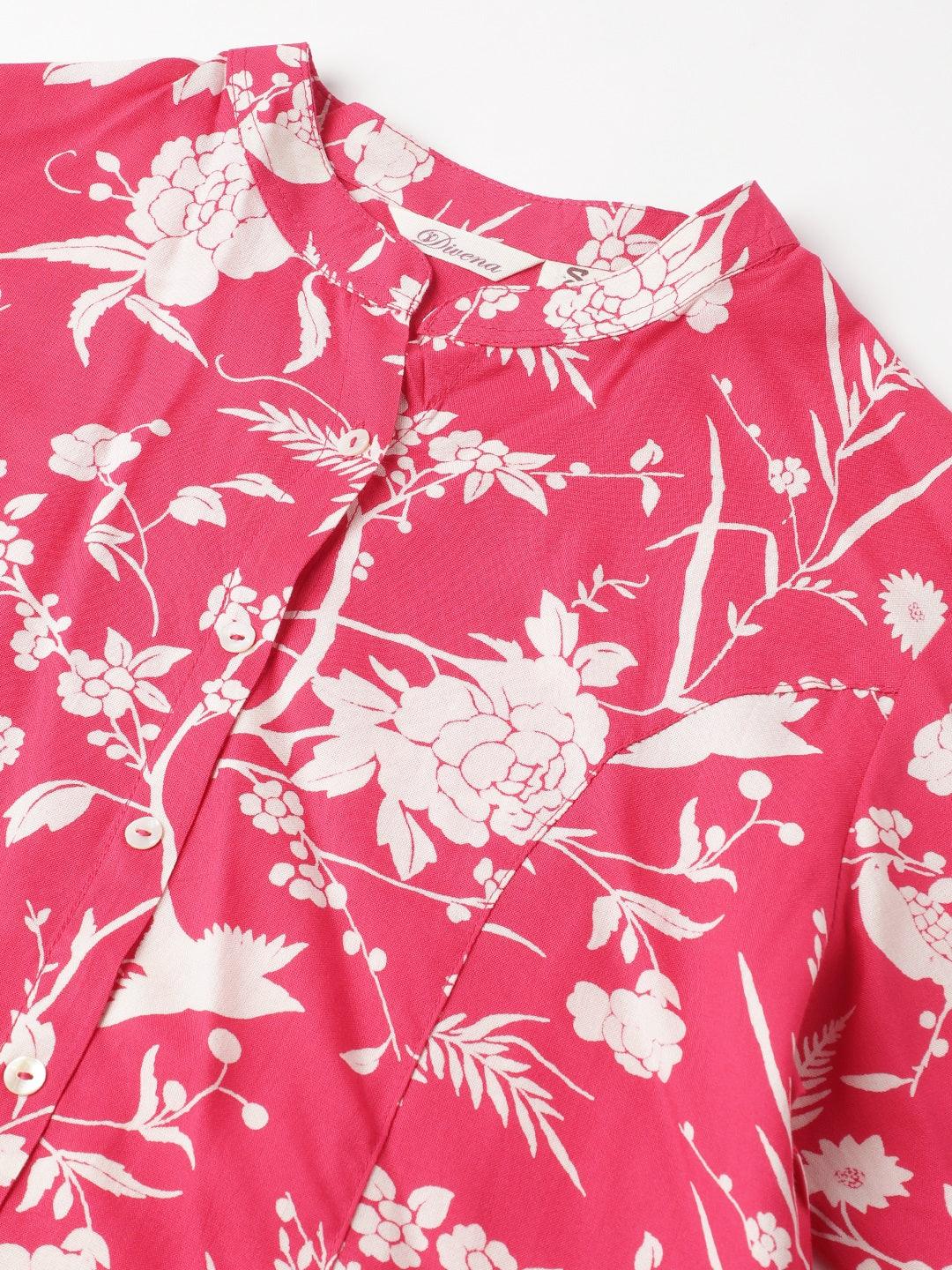 Divena Hot Pink Floral Printed Rayon A-line Shirt Style Top - divena world