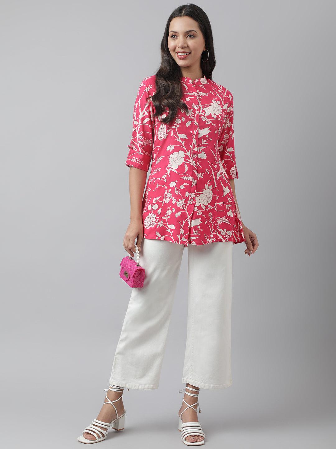Divena Hot Pink Floral Printed Rayon A-line Shirt Style Top - divena world