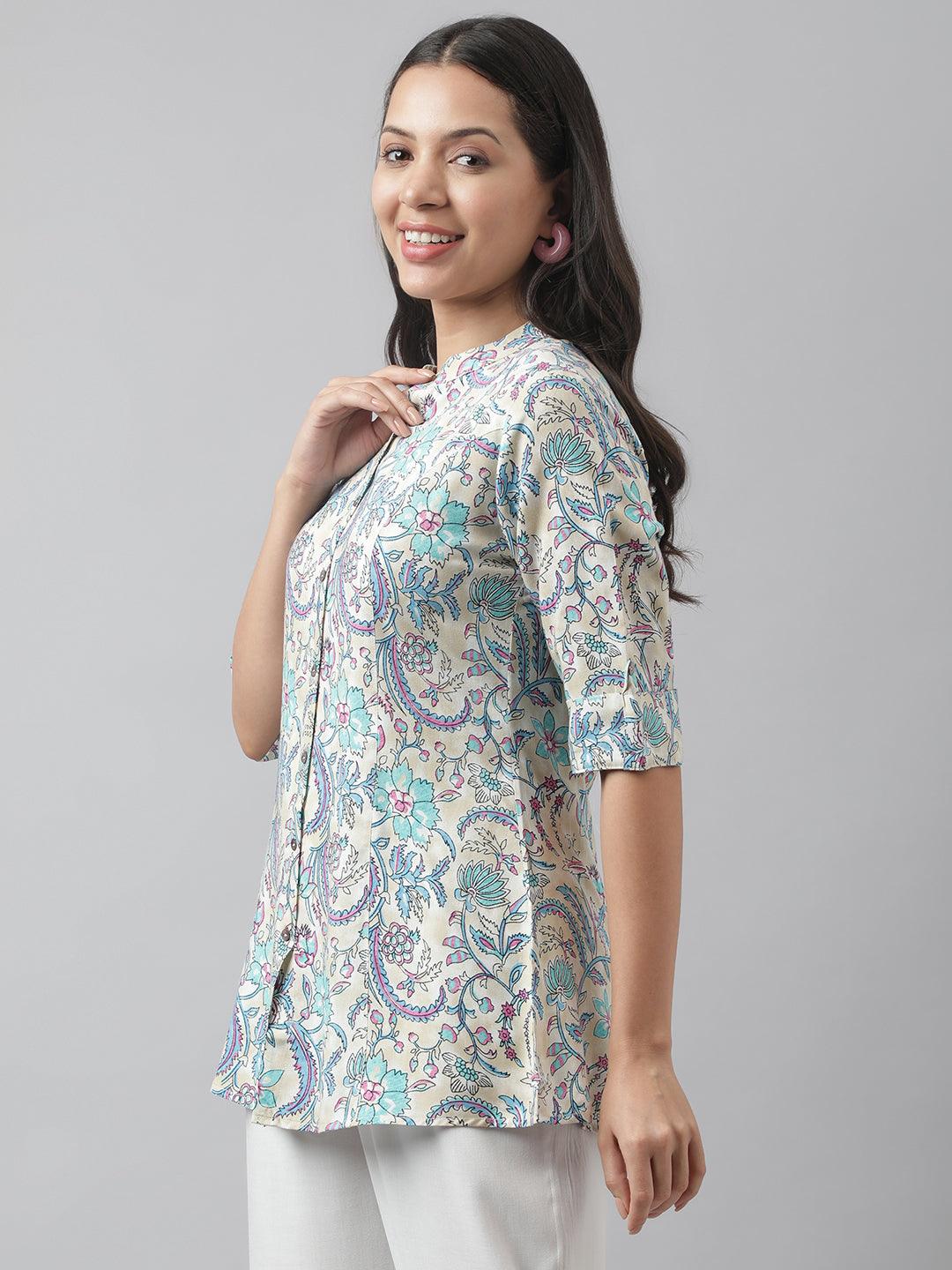 Divena Multi Floral Printed Rayon A-line Shirt Style Top - divena world